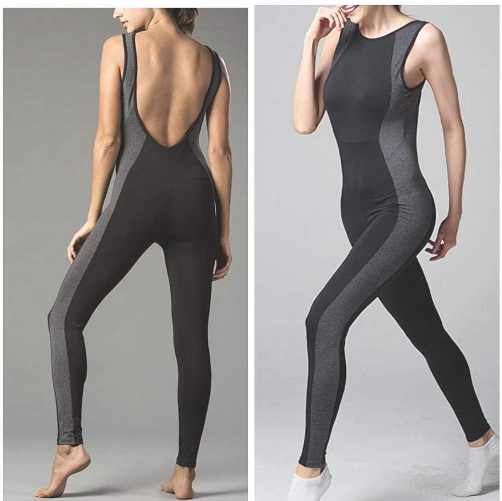 Black grey low back yoga fitness bodysuit leggings